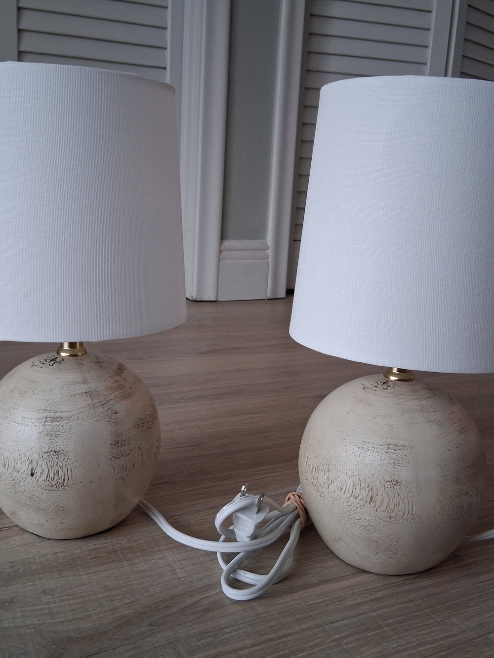 Neutral Wood Look Small Lamps with White Shade - Pair